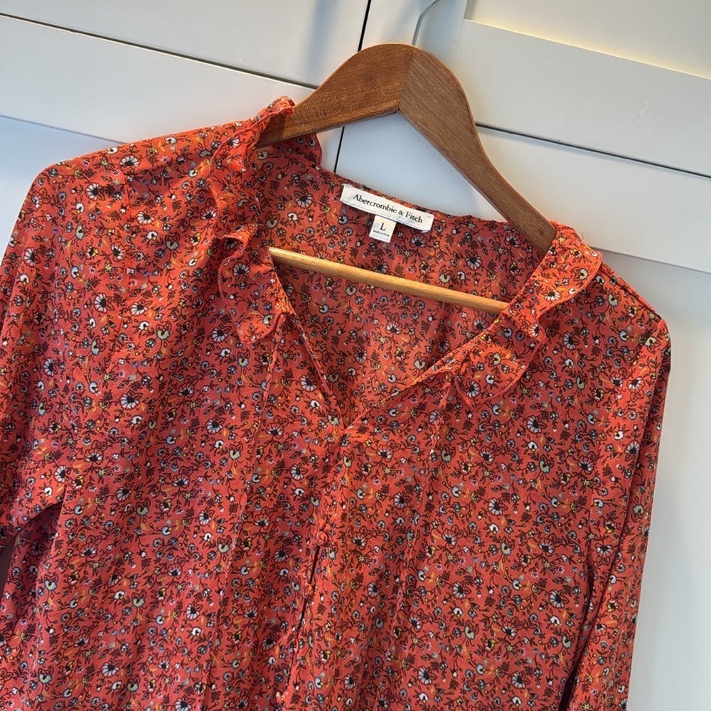 Abercrombie & Fitch Orange Floral Patterned Blouse with Ruffle Long Sleeve Large - Picture 2 of 13